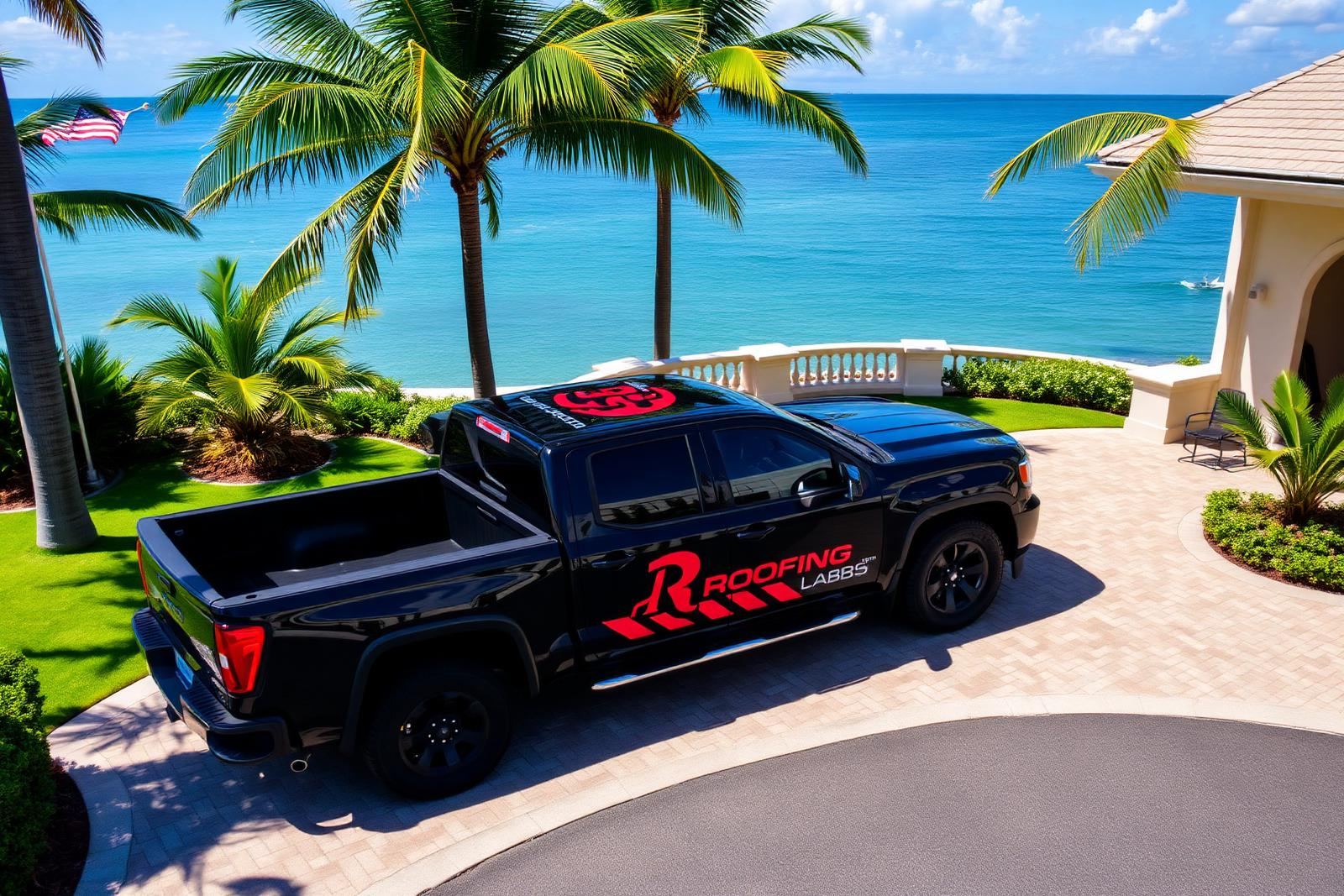 Roofing Labs truck at Florida beachfront luxury home